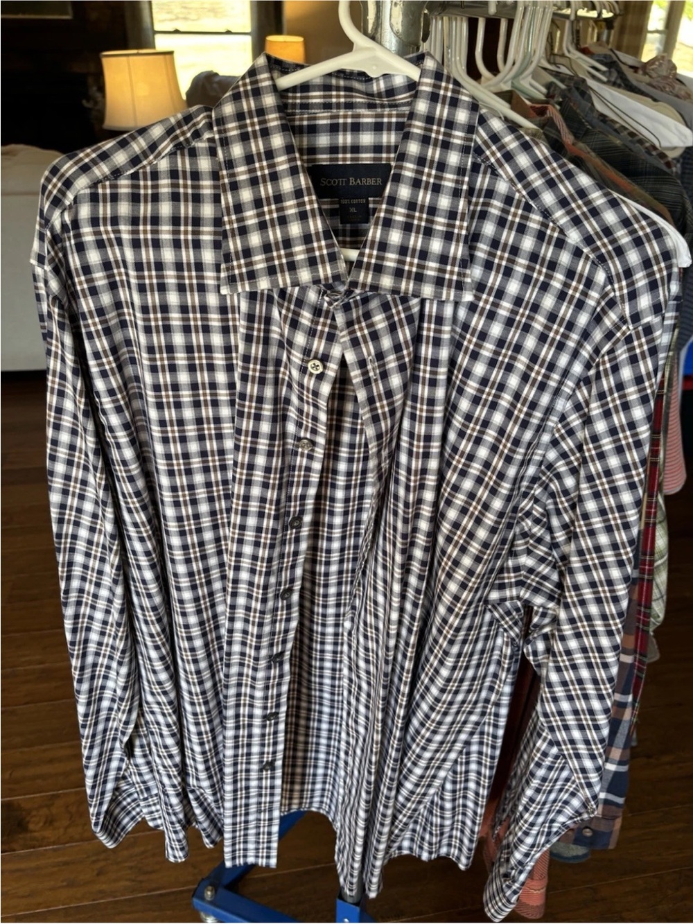Scott Barber Men’s Navy and White Plaid Long-Sleeve Button-Down Shirt